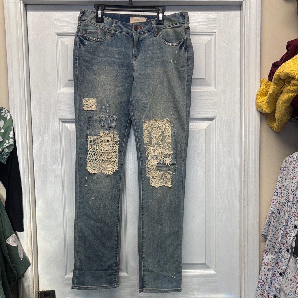 Sundance Blue Straight Leg Jeans With Cream Lace Patchwork Sz 29